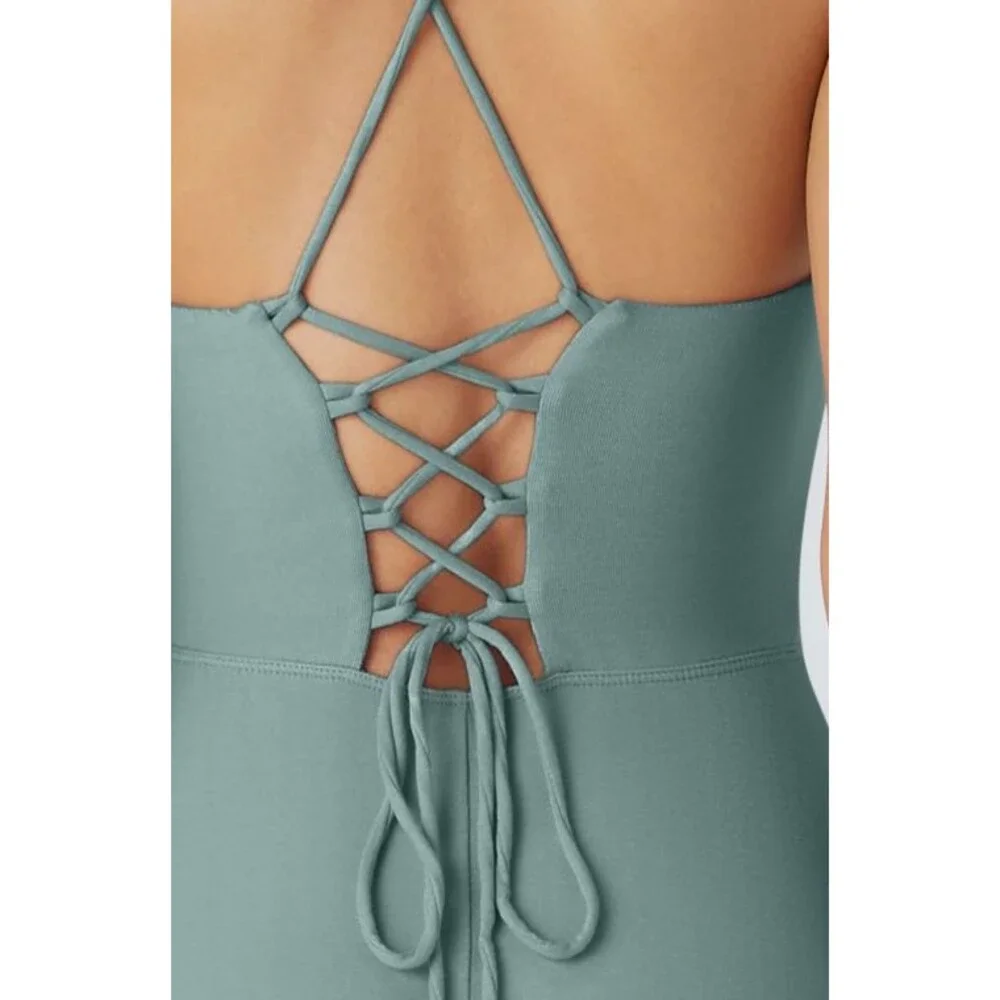 Halara Soft Stretchy Draped Neck Open Back Lace Up Padded Maxi Dress Size Medium - Picture 4 of 15